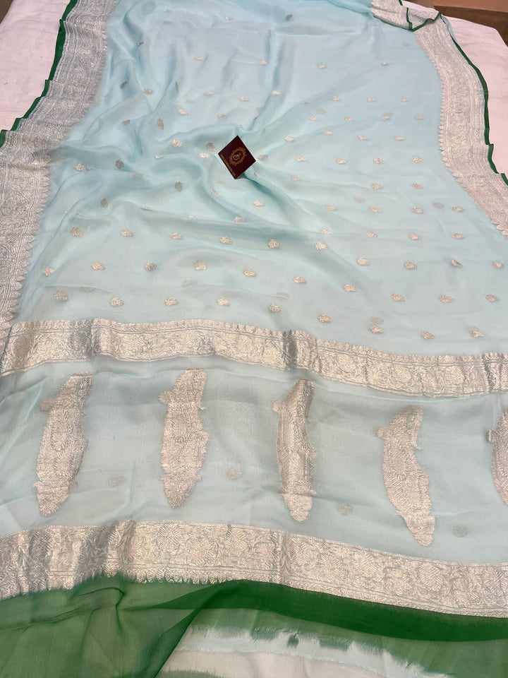 Blue Khaddi Chiffon Banarasi Handloom Saree