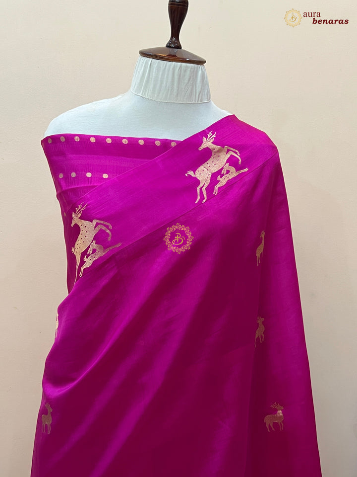 Rani Pink Pure Silk Banarasi Saree with Deer Motif Border