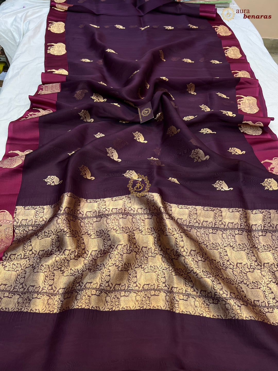 Maroon Kora Silk Banarasi Saree | Cow Motif Border