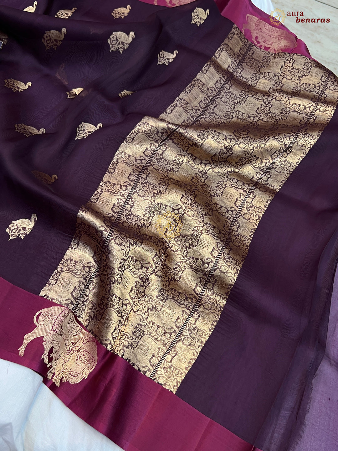 Maroon Kora Silk Banarasi Saree | Cow Motif Border