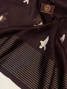 Chocolate Brown Pure Banarasi Handloom Silk Saree - Aura Benaras