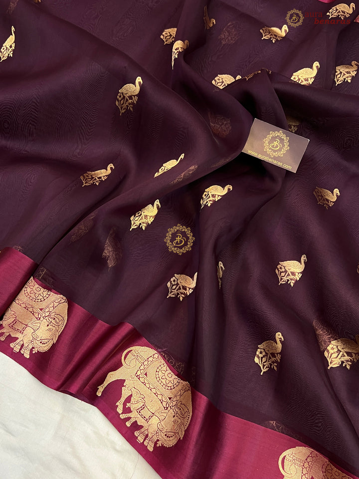 Maroon Kora Silk Banarasi Saree | Cow Motif Border