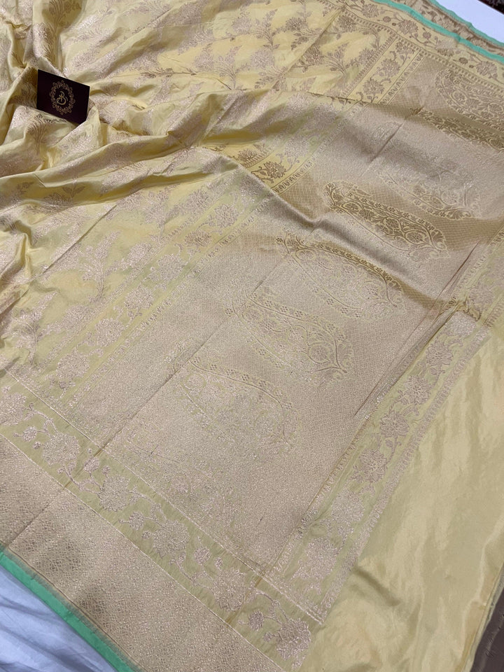 Pastel Yellow Pure Banarasi Handloom Katan Silk Saree - Aura Benaras