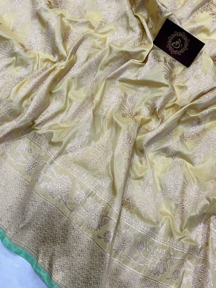 Pastel Yellow Pure Banarasi Handloom Katan Silk Saree - Aura Benaras