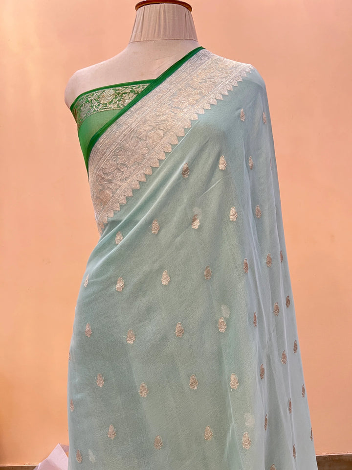 Blue Khaddi Chiffon Banarasi Handloom Saree