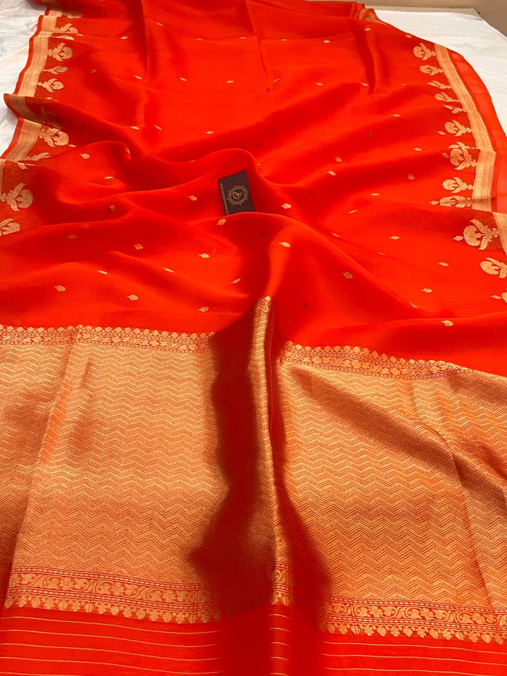 Orange Pure Kora Silk Handloom Banarasi Saree