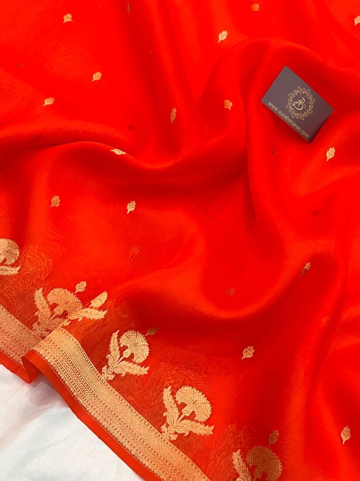 Orange Pure Kora Silk Handloom Banarasi Saree