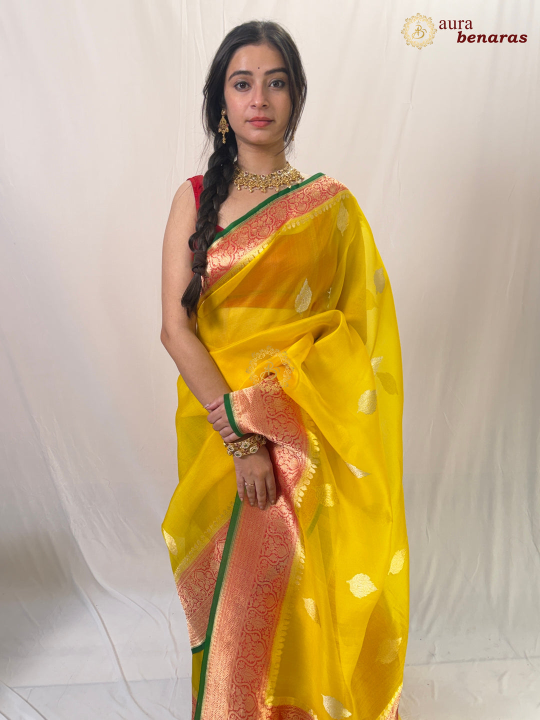 Yellow Banarasi Handloom Kora Silk Saree - Aura Benaras