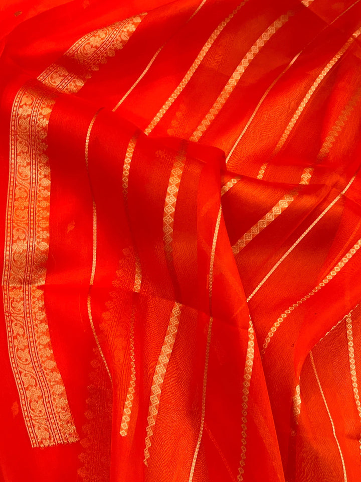 Orange Pure Kora Silk Handloom Banarasi Saree