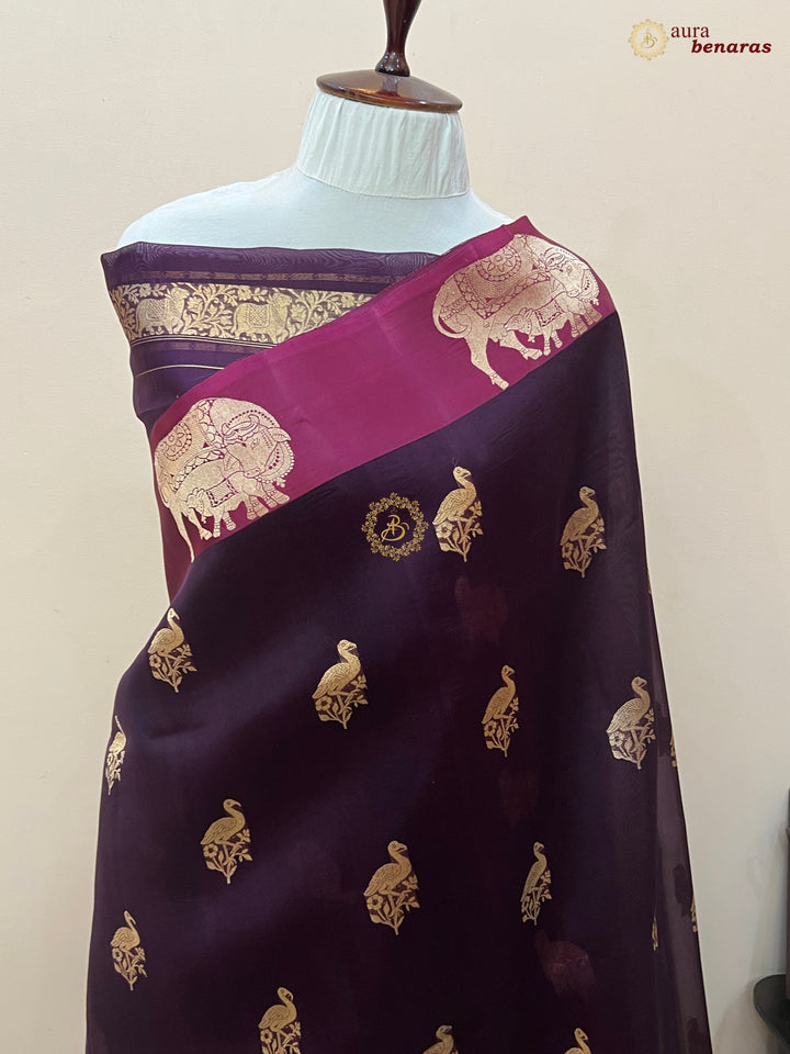 Maroon Kora Silk Banarasi Saree | Cow Motif Border