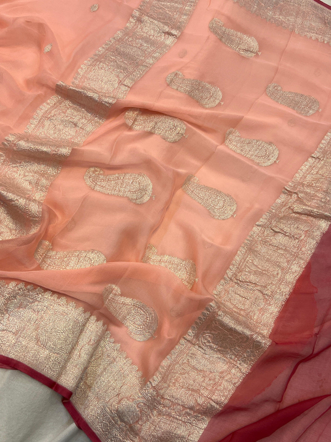 Peach Khaddi Chiffon Banarasi Handloom Saree