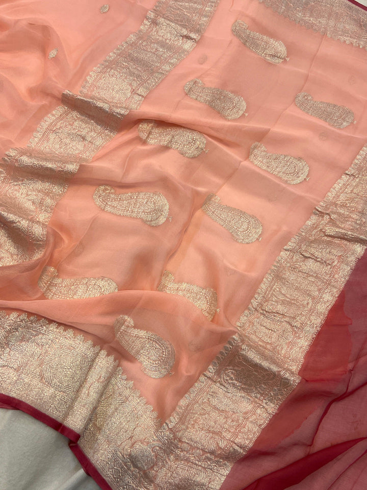 Peach Khaddi Chiffon Banarasi Handloom Saree