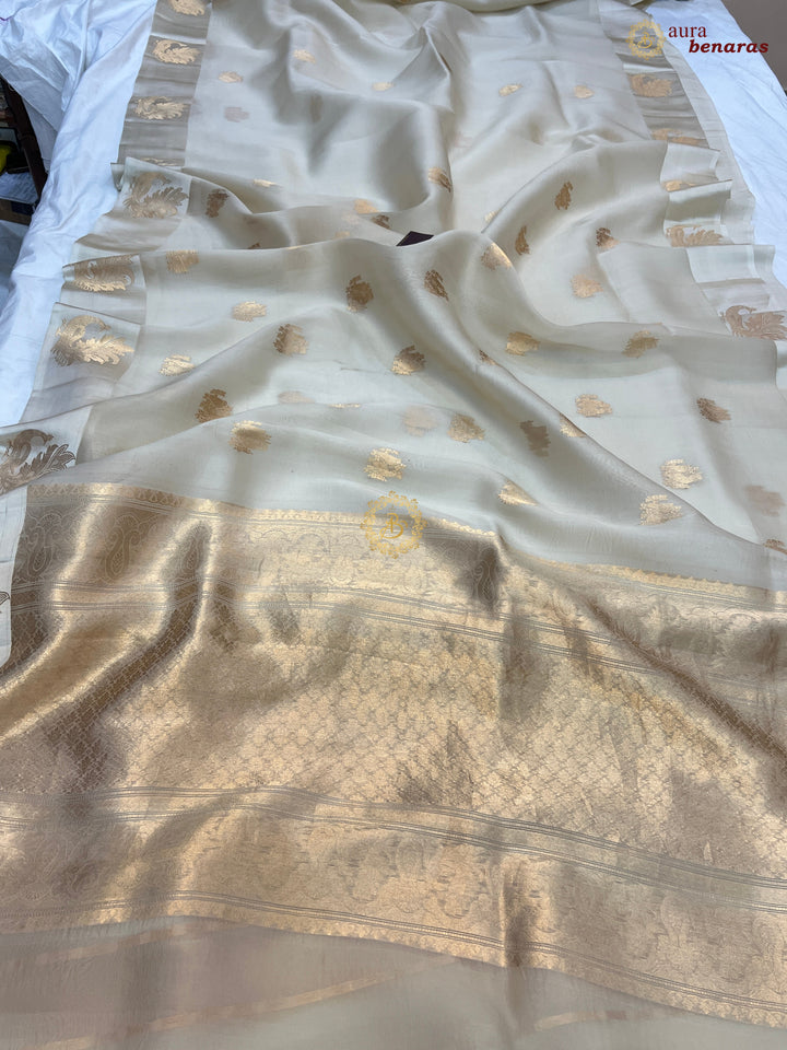Off White Kora Silk Banarasi Saree Cow Motif Border