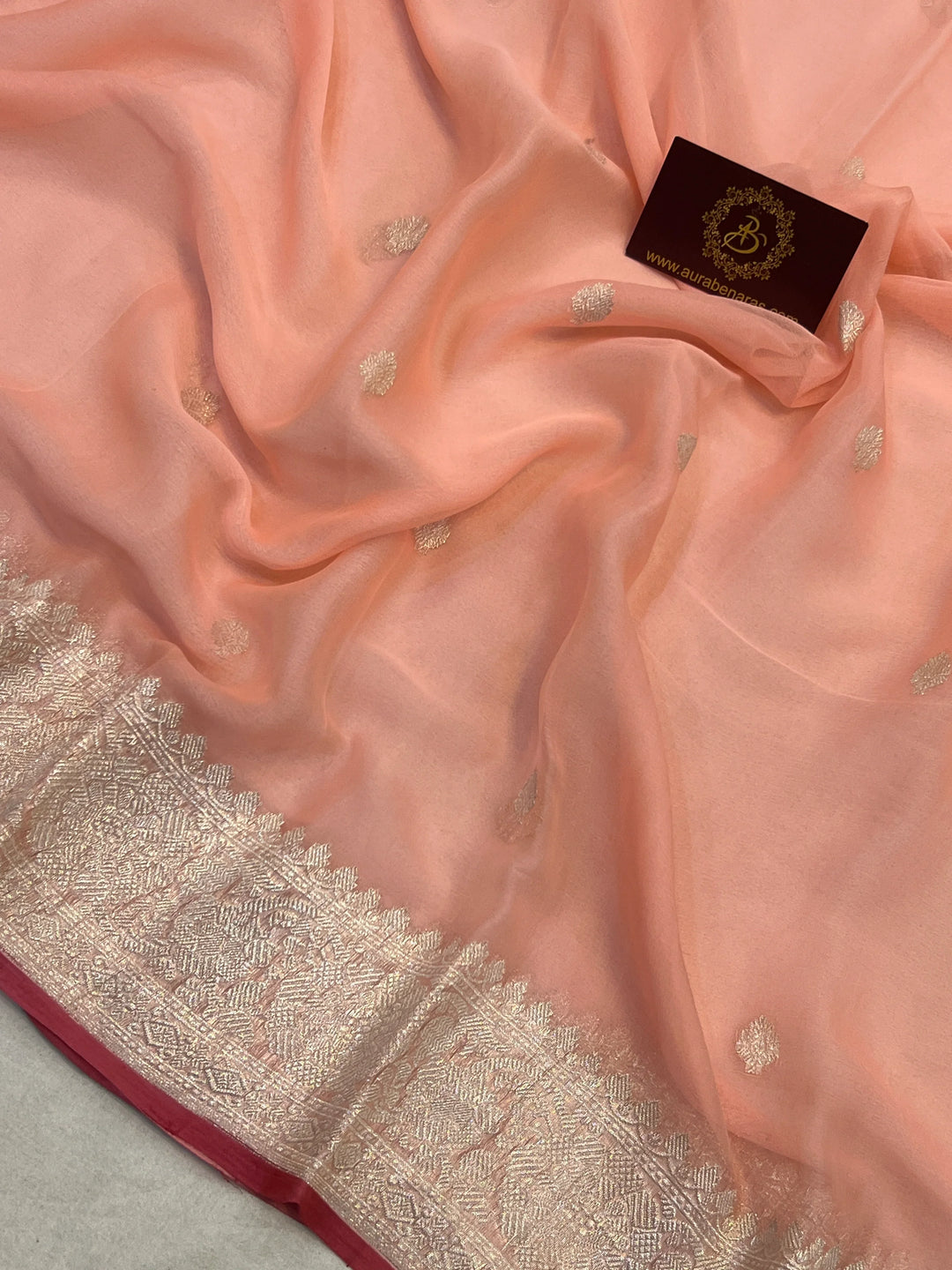 Peach Khaddi Chiffon Banarasi Handloom Saree