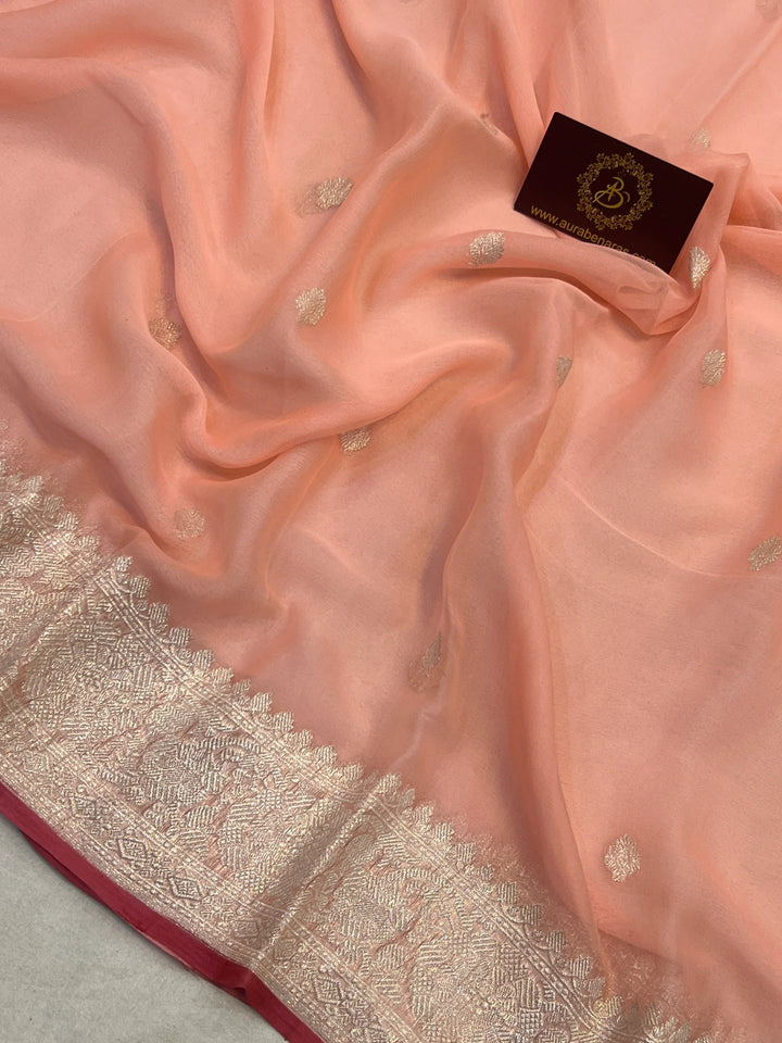 Peach Khaddi Chiffon Banarasi Handloom Saree