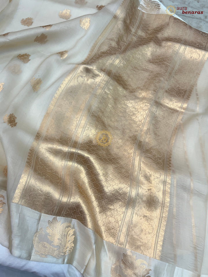 Off White Kora Silk Banarasi Saree Cow Motif Border