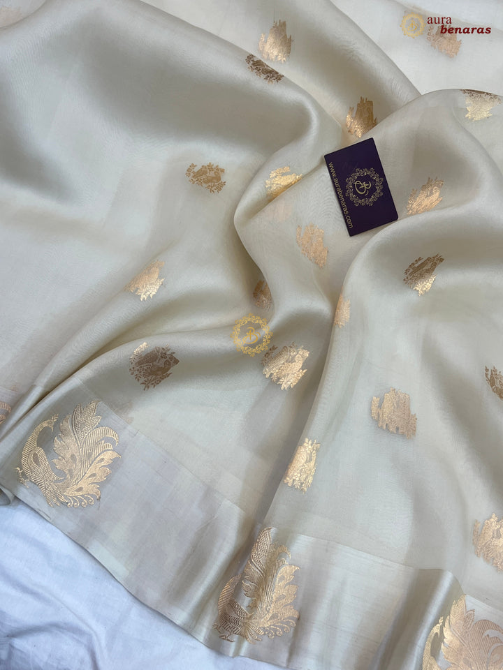 Off White Kora Silk Banarasi Saree Cow Motif Border