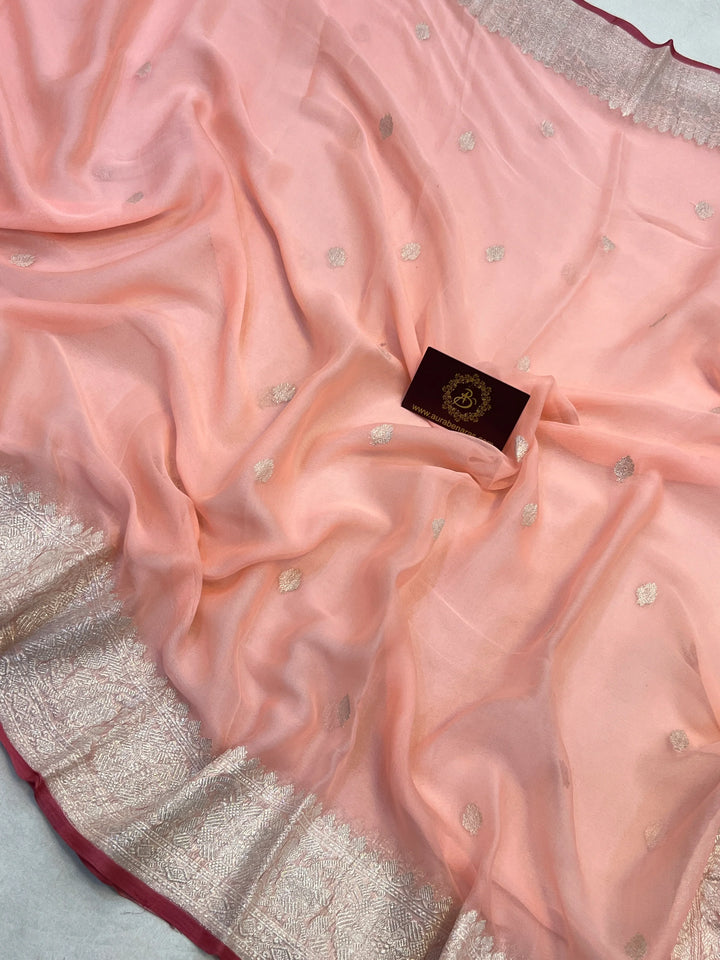 Peach Khaddi Chiffon Banarasi Handloom Saree