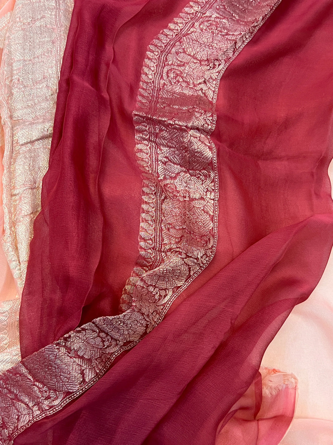 Peach Khaddi Chiffon Banarasi Handloom Saree