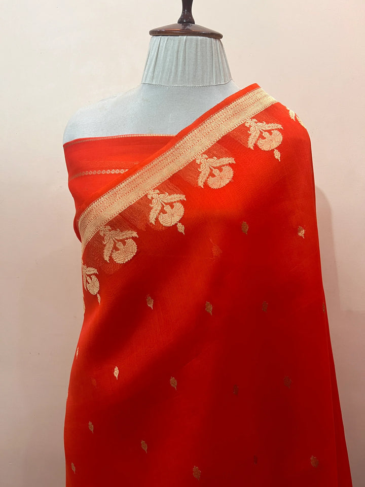 Orange Pure Kora Silk Handloom Banarasi Saree