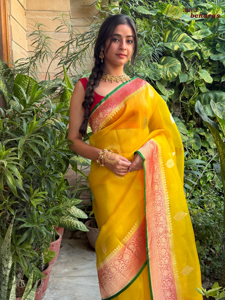 Yellow Banarasi Handloom Kora Silk Saree - Aura Benaras