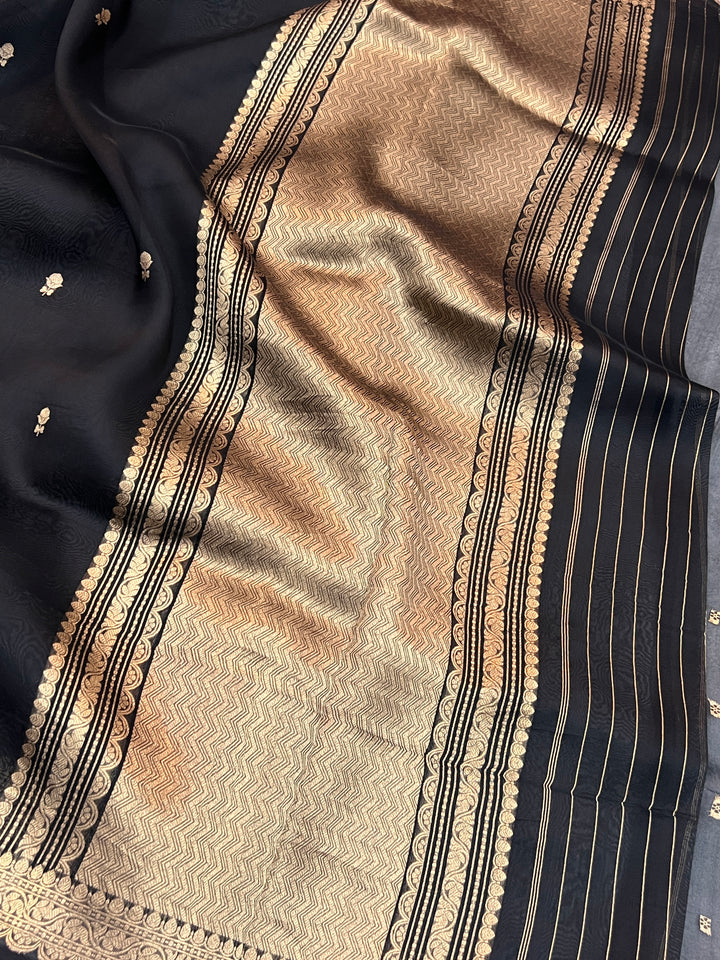 Black Pure Kora Silk Handloom Banarasi Saree with Kadwa Buti & Border