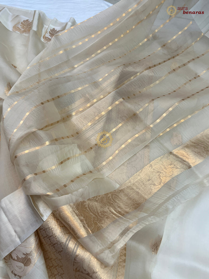 Off White Kora Silk Banarasi Saree Cow Motif Border