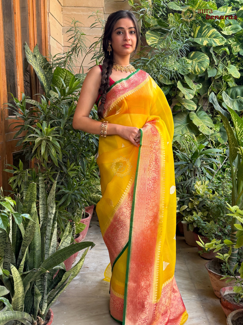 Yellow Banarasi Handloom Kora Silk Saree - Aura Benaras
