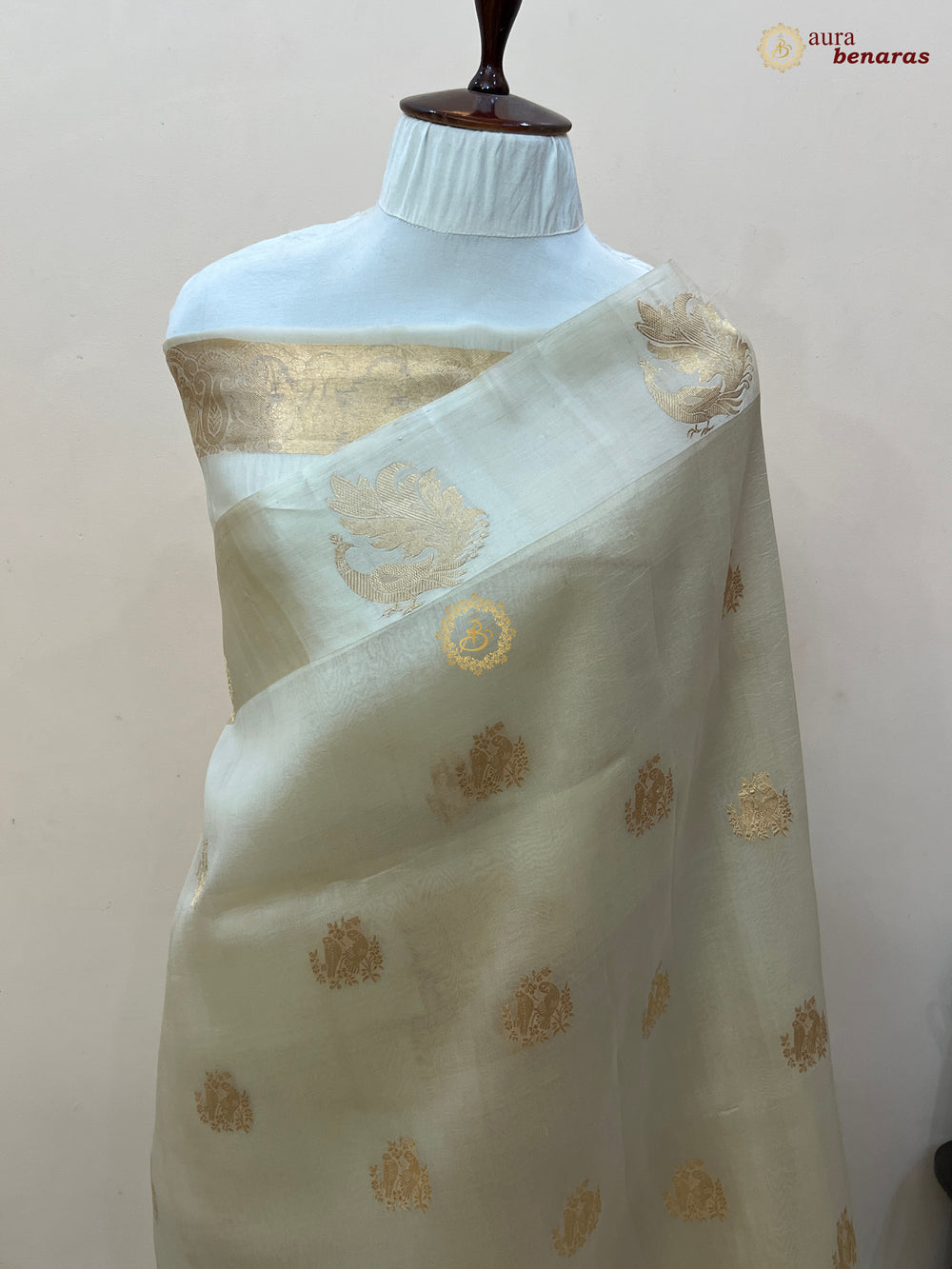 Off White Kora Silk Banarasi Saree Cow Motif Border