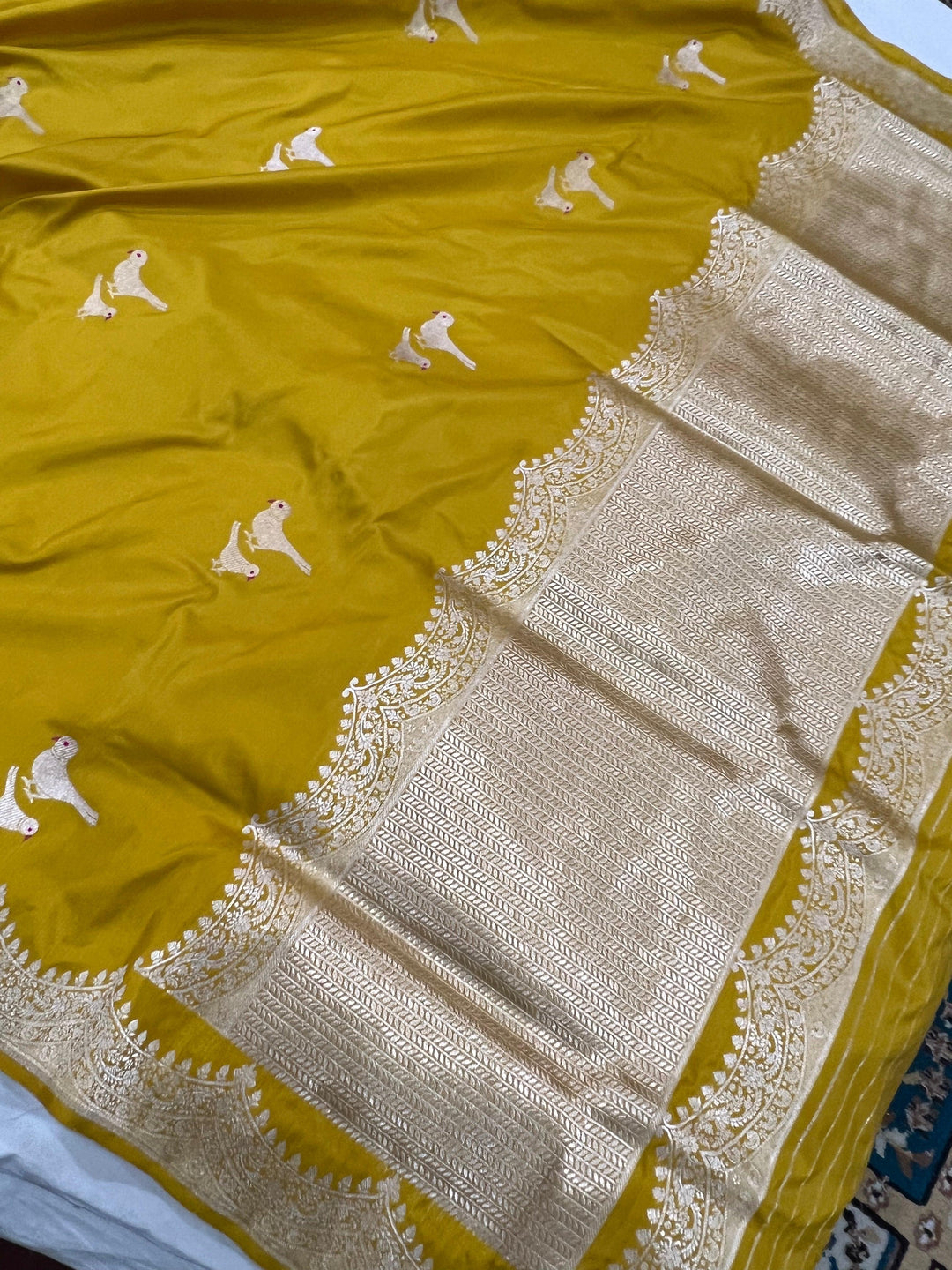 Mustard Yellow Banarasi Handloom Katan Silk Saree - Aura Benaras