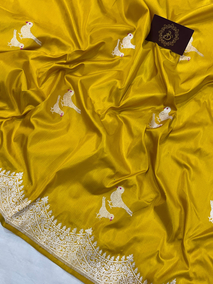 Mustard Yellow Banarasi Handloom Katan Silk Saree - Aura Benaras