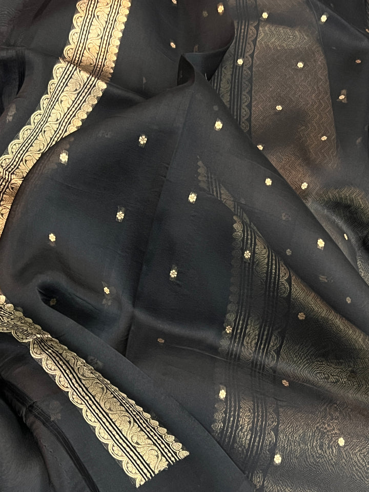 Black Pure Kora Silk Handloom Banarasi Saree with Kadwa Buti & Border