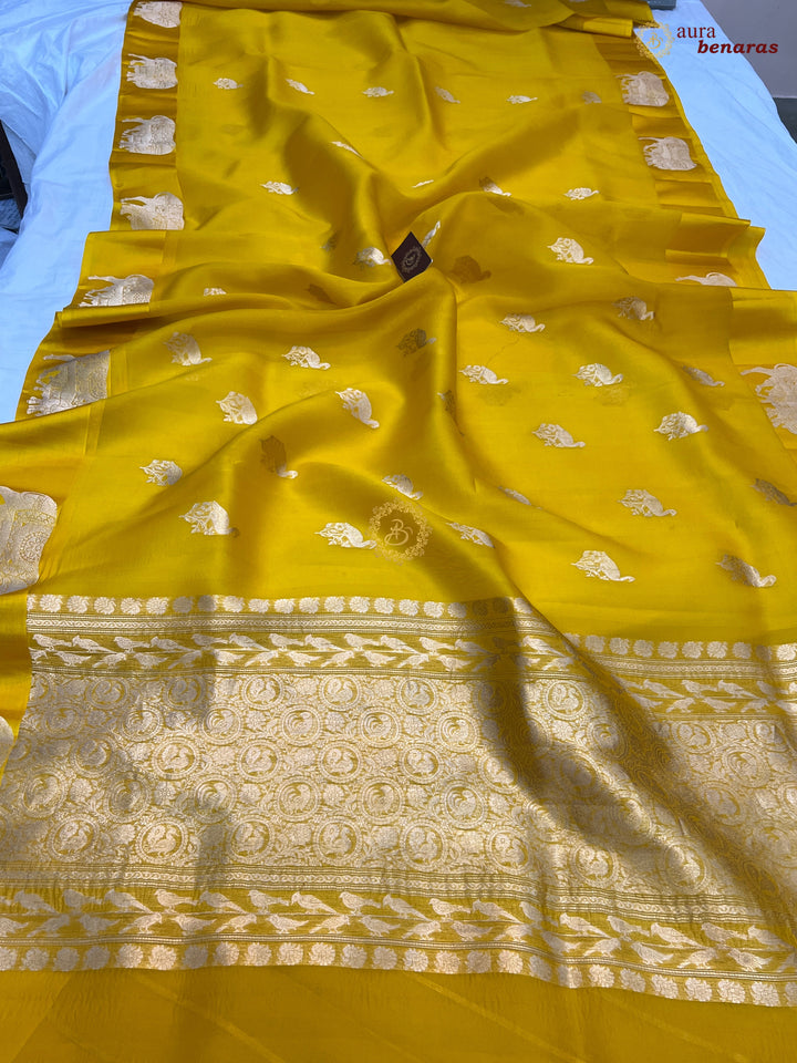 Yellow Kora Silk Banarasi Saree Cow Motif Border