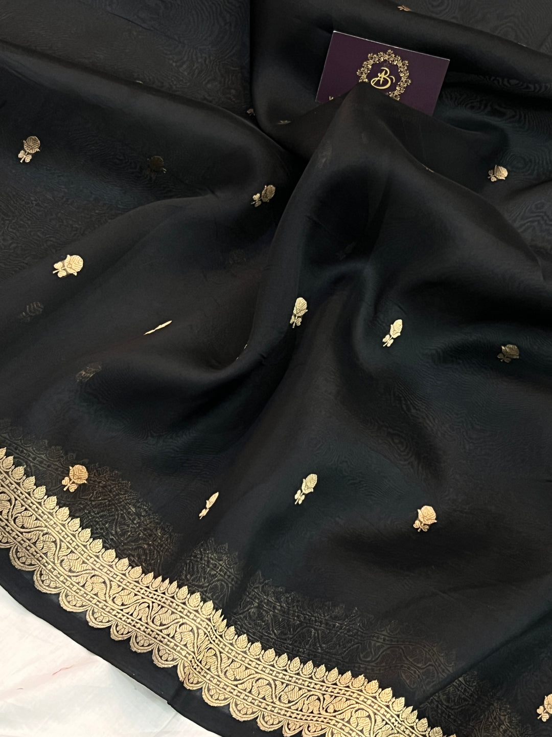 Black Pure Kora Silk Handloom Banarasi Saree with Kadwa Buti & Border