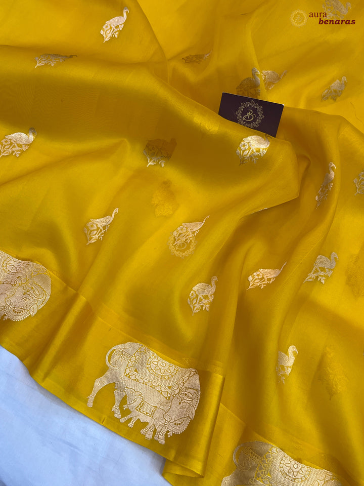 Yellow Kora Silk Banarasi Saree Cow Motif Border