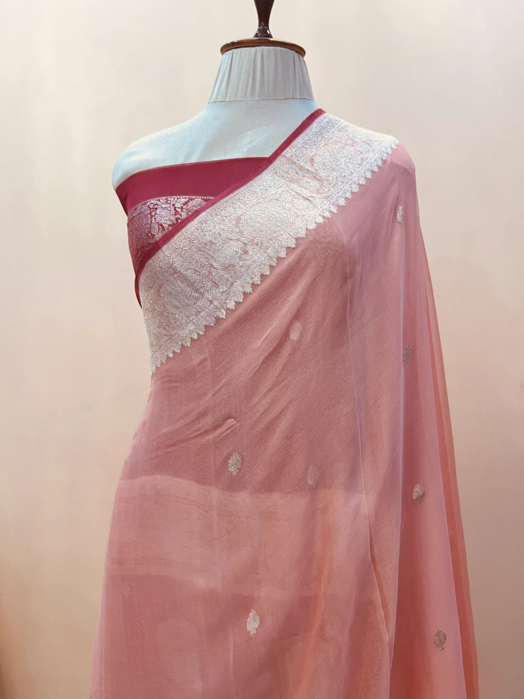 Peach Khaddi Chiffon Banarasi Handloom Saree