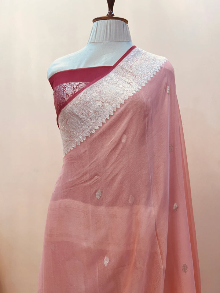 Peach Khaddi Chiffon Banarasi Handloom Saree