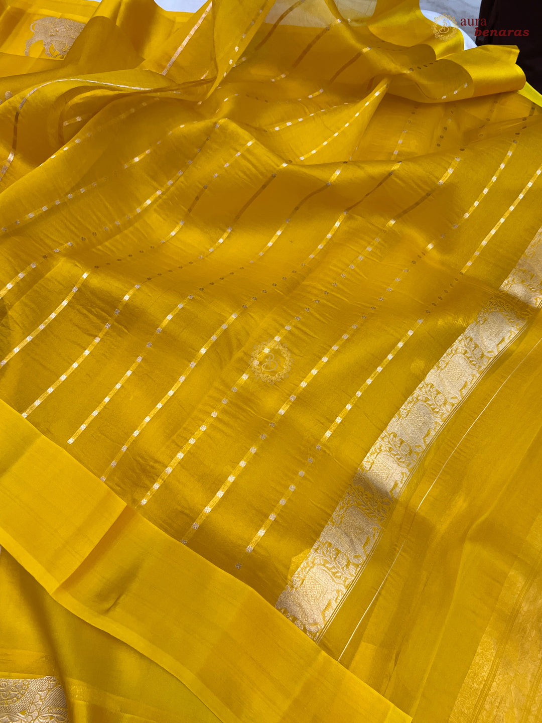 Yellow Kora Silk Banarasi Saree Cow Motif Border