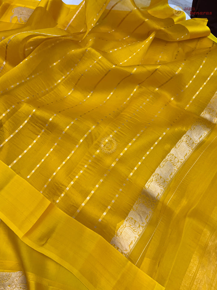 Yellow Kora Silk Banarasi Saree Cow Motif Border