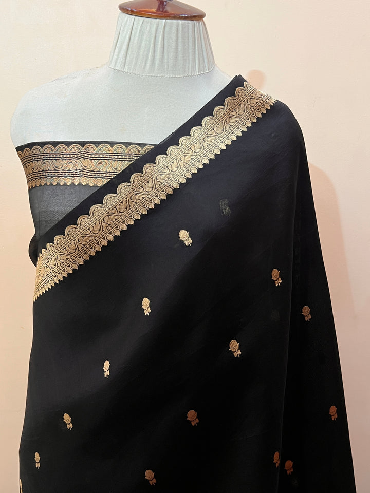 Black Pure Kora Silk Handloom Banarasi Saree with Kadwa Buti & Border