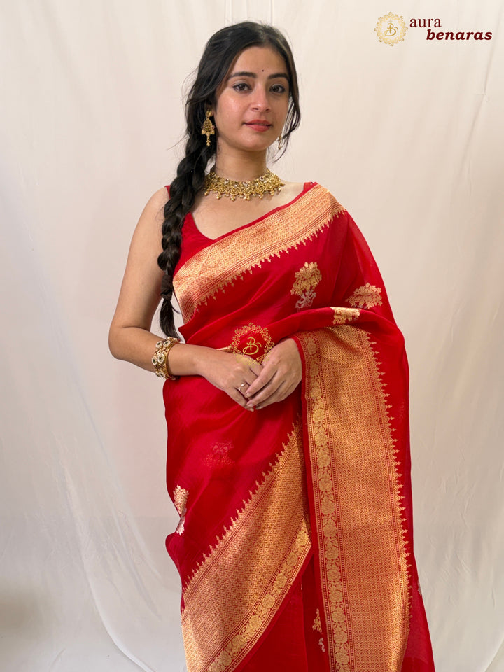 Red Pure Banarasi Handloom Silk Saree - Aura Benaras
