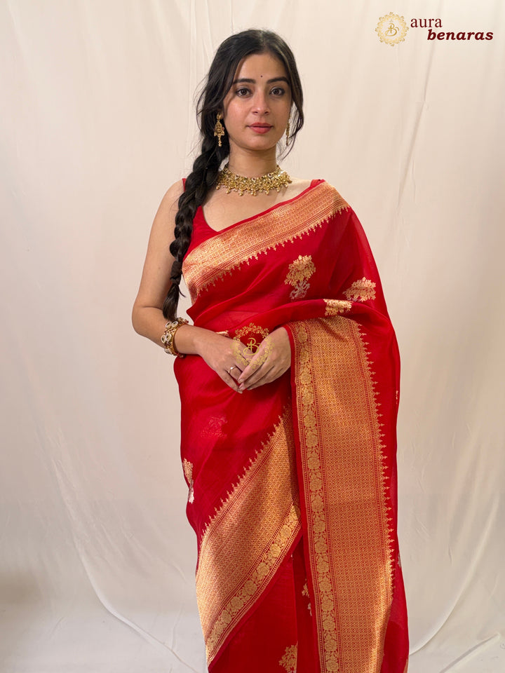 Red Pure Banarasi Handloom Silk Saree - Aura Benaras