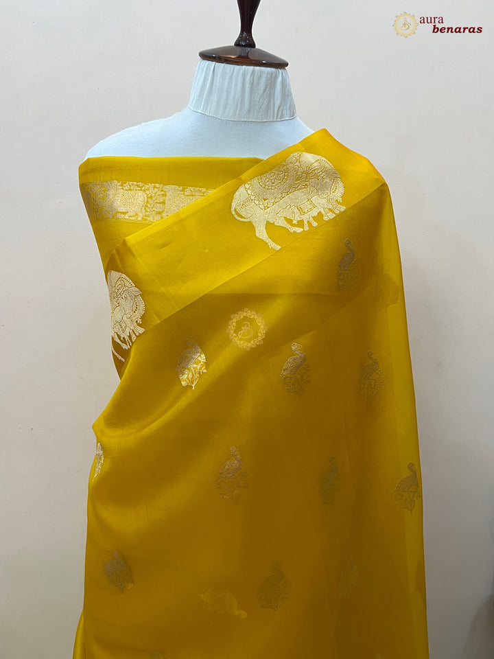 Yellow Kora Silk Banarasi Saree Cow Motif Border