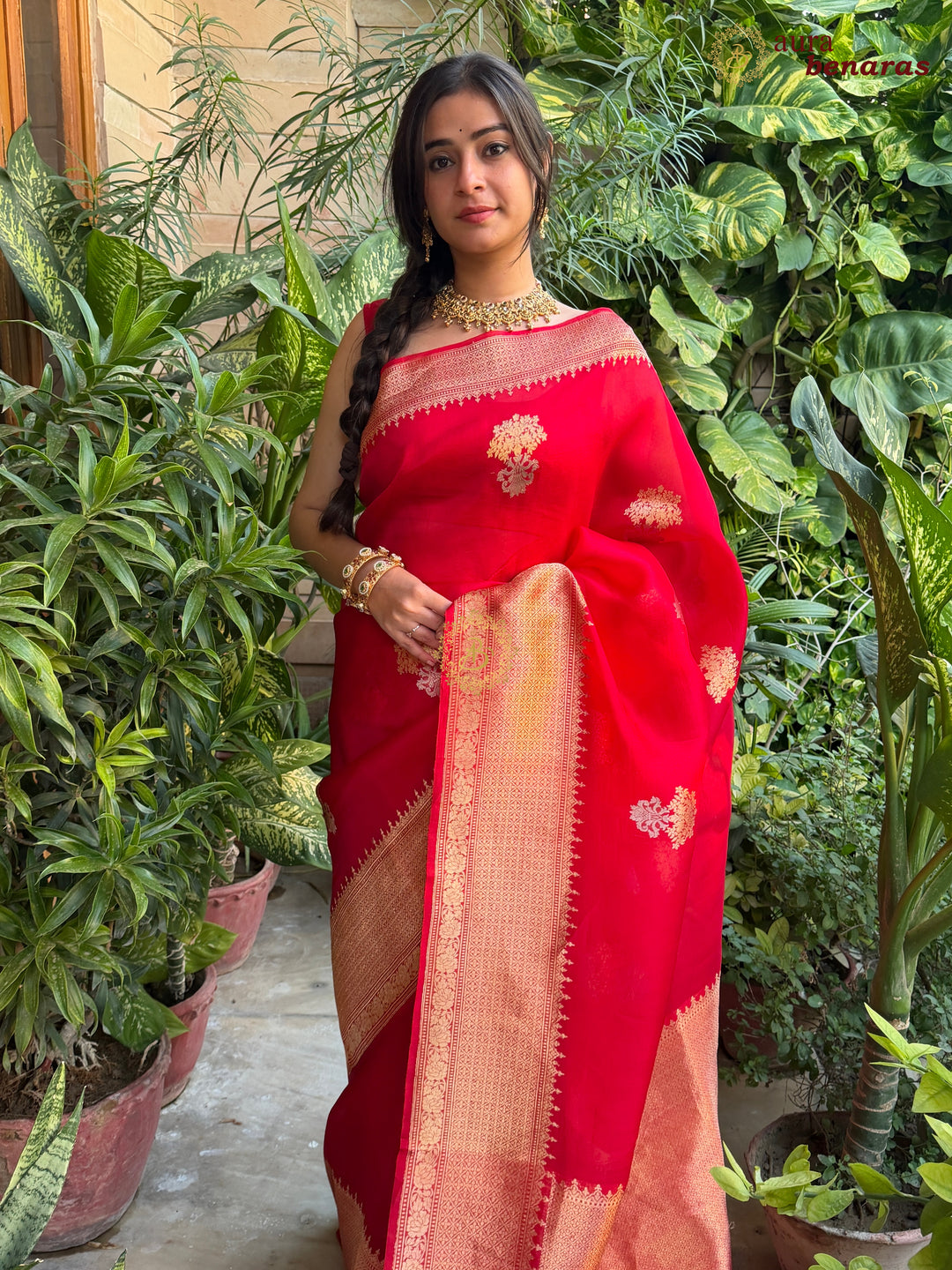Red Pure Banarasi Handloom Silk Saree - Aura Benaras