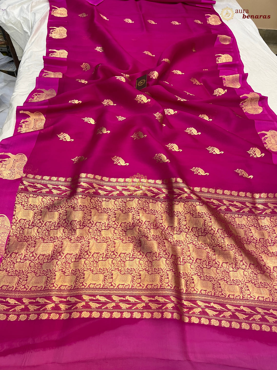 Rani Pink Kora Silk Banarasi Saree Cow Motif Border