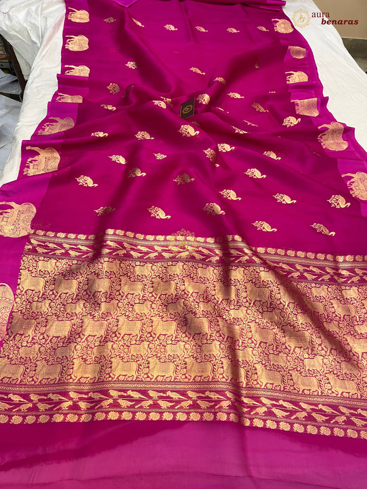 Rani Pink Kora Silk Banarasi Saree Cow Motif Border
