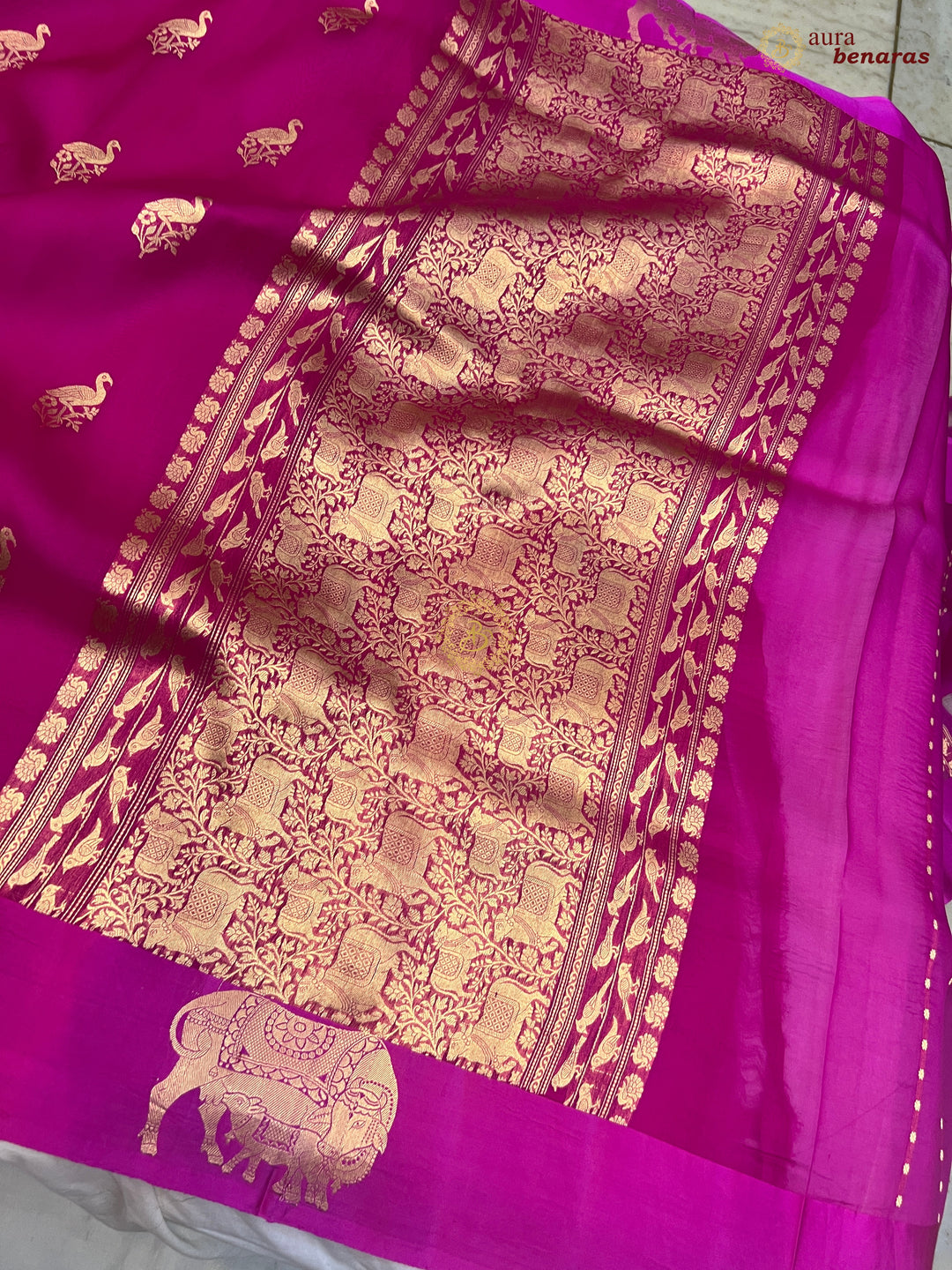 Rani Pink Kora Silk Banarasi Saree Cow Motif Border