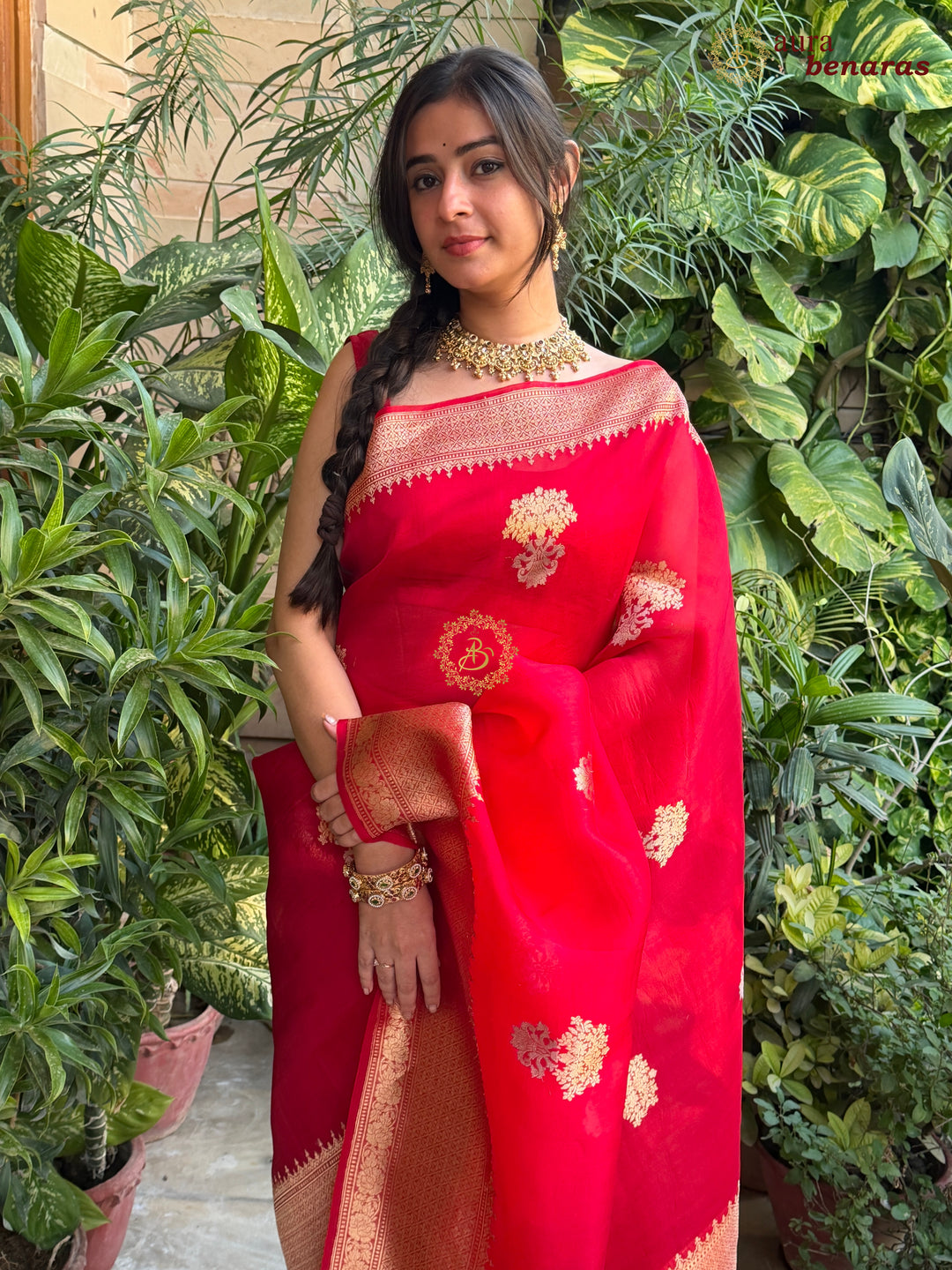 Red Pure Banarasi Handloom Silk Saree - Aura Benaras
