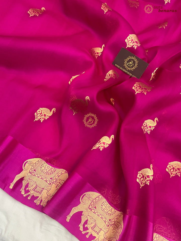 Rani Pink Kora Silk Banarasi Saree Cow Motif Border