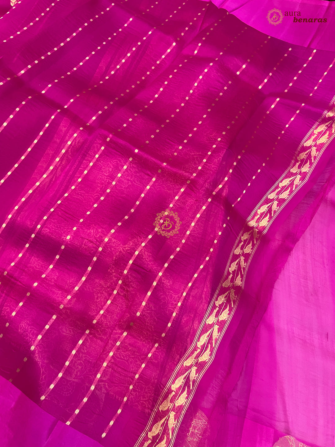 Rani Pink Kora Silk Banarasi Saree Cow Motif Border